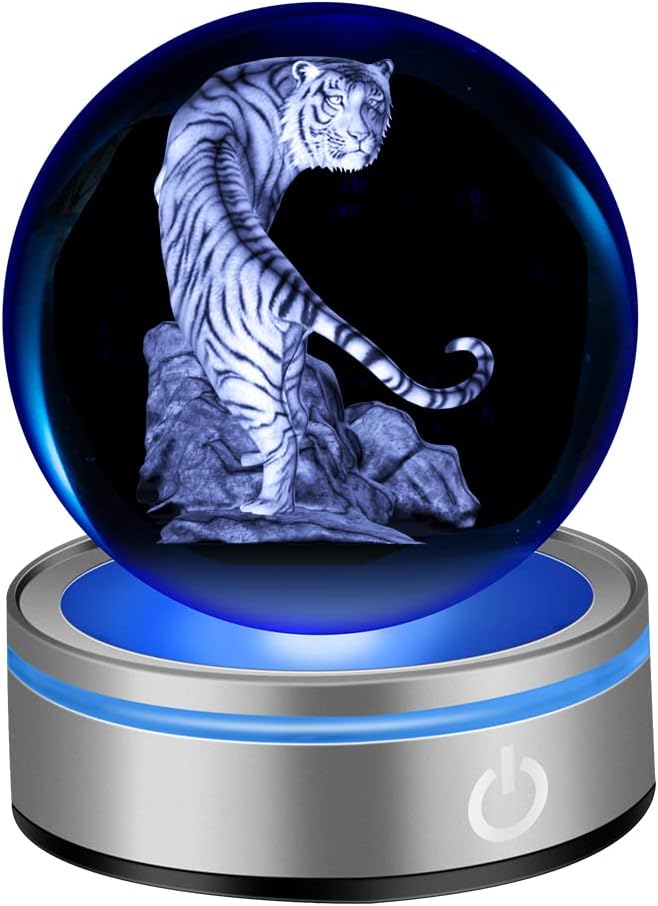 IFOLAINA Tiger Gifts 3D Crystal Ball White Tiger Figurine Lamps Decorations Statue Present