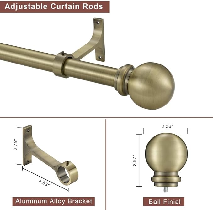 Antique Bronze Curtain Rods for Window 28-48 Inch, Curtain Rods 2 Pack, Decorative Curtain Rod with Ball Finials, 1 Inch Diameter Heavy Duty Curtain Rod, Adjustable Single Drapery Rod Antique Bronze