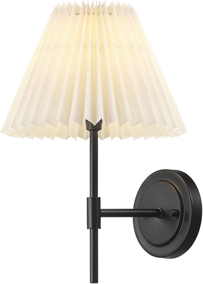 GLOBE Electric 1-Light Wall Sconce, Matte Black, White Pleated Fabric Shade, E12 Base Socket, Candelabra Bulb, Living Room Lighting, Home Essentials, Décor, Bedroom, Mounted Bedside Lamp
