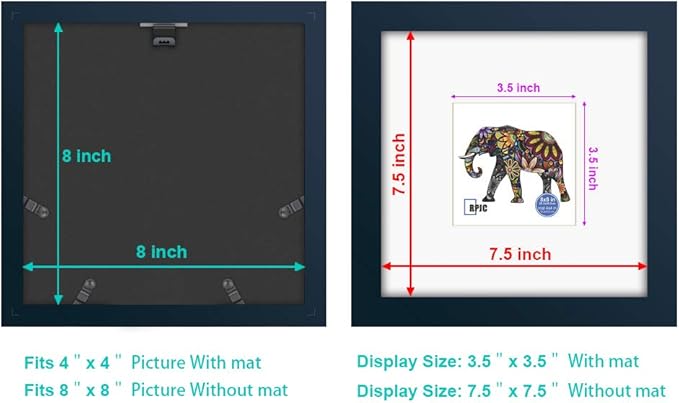 RPJC 8x8 Soild Wood Picture Frame with High Definition Glass Display Picture 4x4 with Mat or 8x8 Without Mat for Wall Mounting Hanging Photo Frames Jazz Blue