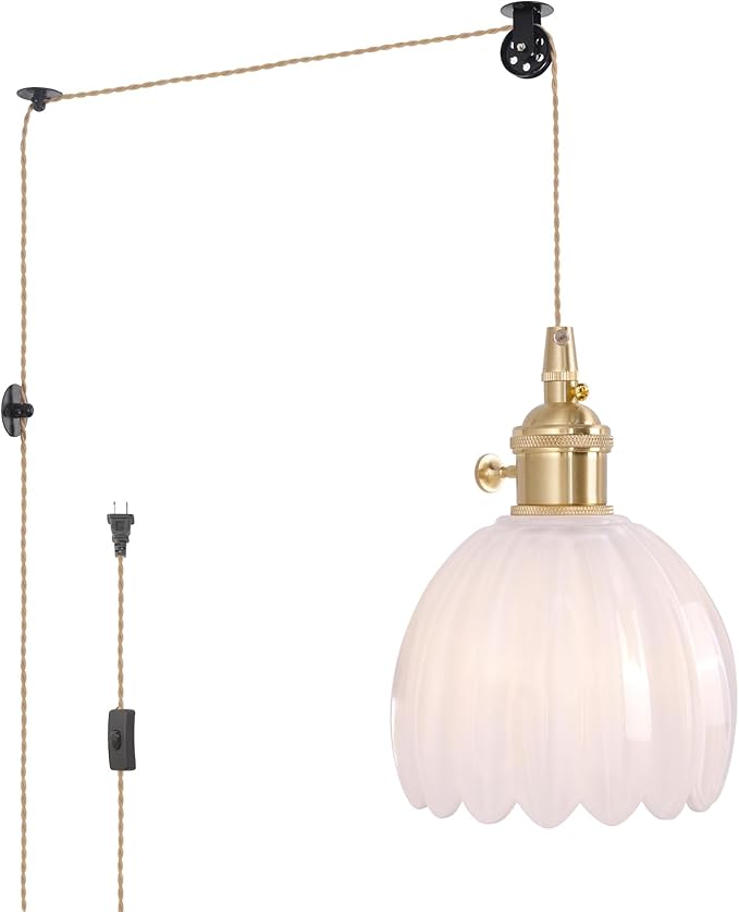 Plug in Pendant Light Hanging Light Fixture Corded On/Off Switch Brass Pendant Light with White Tulip Glass Lampshade for Bedroom Living Room Kitchen Island
