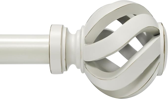 Curtain Rod for Windows 48 to 84 inches: 1 inch Diameter Heavy-duty Adjustable Decorative Curtain Rod, Weathered white Boho Rustic Drapery Rods with Twisted Cage Finials for Bedroom & Living Room