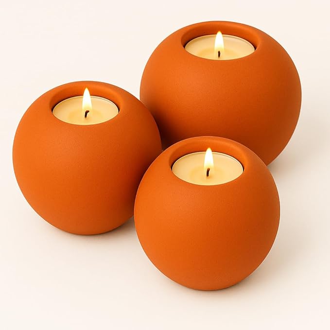 Concrete Sphere Tea Light Holder - Minimalist Centerpiece - Candle Holder - Modern Interior Design (Firestone Orange, Set of 3 Sizes)