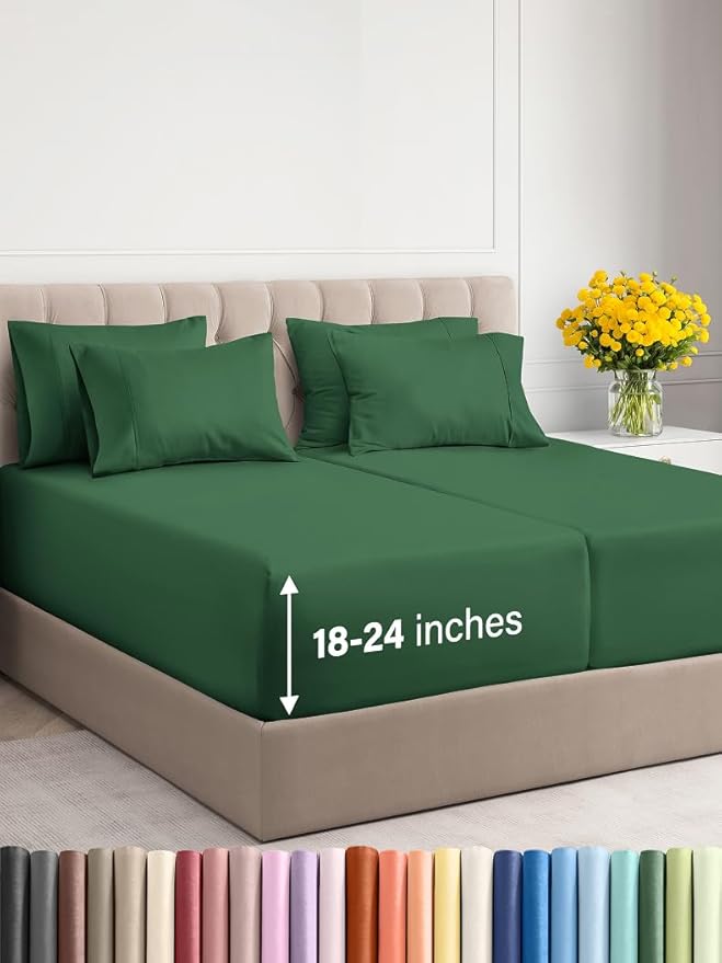 Extra Deep Split King Sheet Set - 7 Piece Breathable & Cooling Sheets - Hotel Luxury Bed Sheets Set - Easy Fit - Soft, Wrinkle Free & Comfy Sheets Set - Emerald Green Sheet Set w/Extra Deep Pockets
