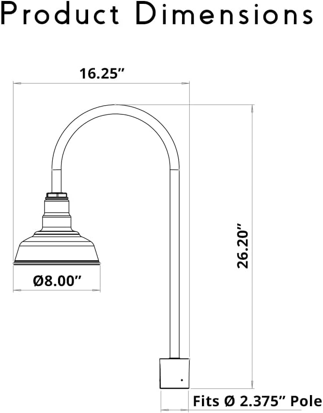 Steel Lighting Co. Hawthorne Light | Outdoor Pole Top Mounted | 8" Dome | Upslope Gooseneck with Slip Fitter for 2-3/8" Standard Poles | Made in America | Matte Black Exterior/Matte Black Interior