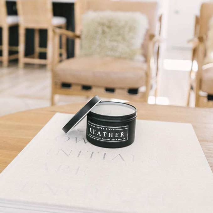 River Birch Leather Scented Candle - Premium, Natural, Non-Toxic, Soy Candles Ideal for Home Decor & Cozy Gifts - Black Matte Tin - 8 oz
