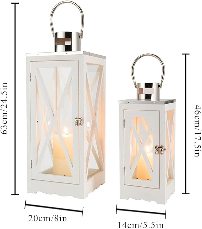 TRIROCKS Set of 2 Farmhouse Wood Candle Lantern 24.5'' &17.5'' H Decorative Candle Holders with Tempered Glass Rustic Hanging Lantern for Garden Patio Wedding Parties Indoor Outdoor(White Rectangle)