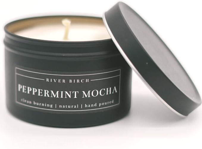 River Birch Candles Peppermint Mocha Scented Candle | Premium, All-Natural, Non-Toxic, Soy Candles | 8 oz. Black Matte Tin Travel Candle | Cozy Relaxing Gifts for Home