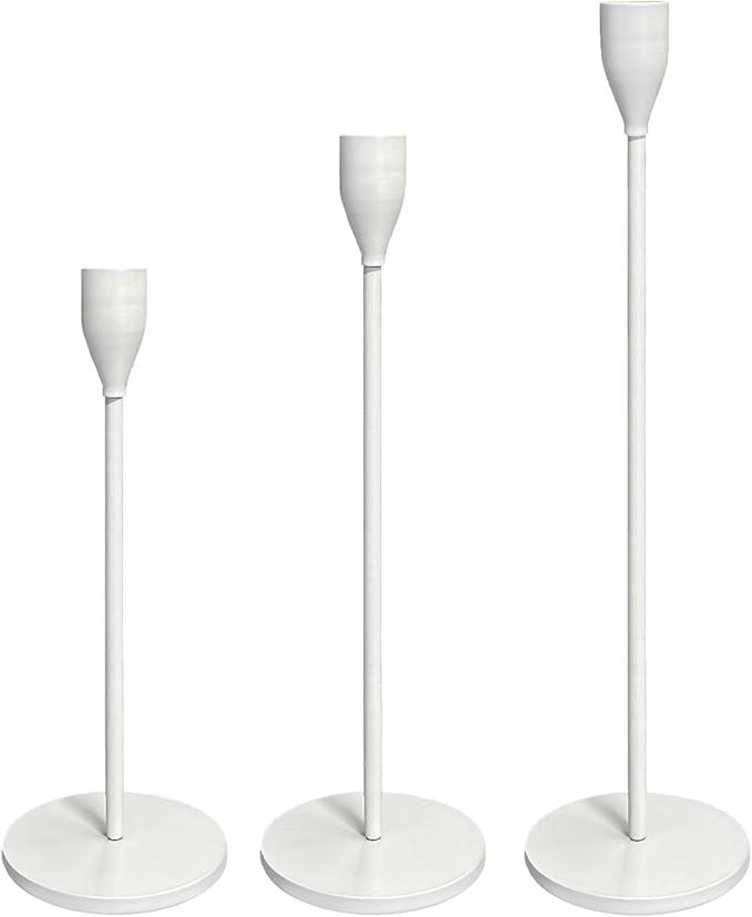 Rustic White Candle Holders Metal Candle Holders for Taper Candles in Home, Living Room, Kitchen or Table Centerpiece Set of 3 Candlestick Holders for Home Decor