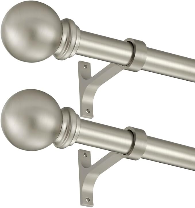 Curtain Rods 2 Pack, Brushed Nickel Curtain Rods for Window 72-144 Inch, Decorative Curtain Rod with Ball Finials, 1 Inch Diameter Heavy Duty Curtain Rod, Adjustable Single Drapery Rod Brushed Nickel