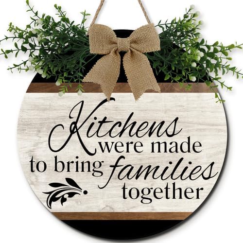 Kitchen Rustic Round Wooden Wreath Sign 11inch, Kitchens Are Made For Bringing Families Together Signs, Kitchen Wreaths Decorations Farmhouse Wall Art Decor
