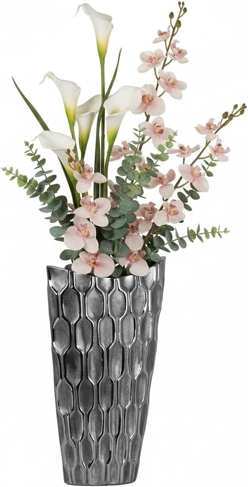 Ceramic Decorative Silver vase, Silver Decor Center Piece for Home Decor Features Honeycomb Design vase for Living Room, Table, Office Decor: 8.00"x3.25"x14.00"H