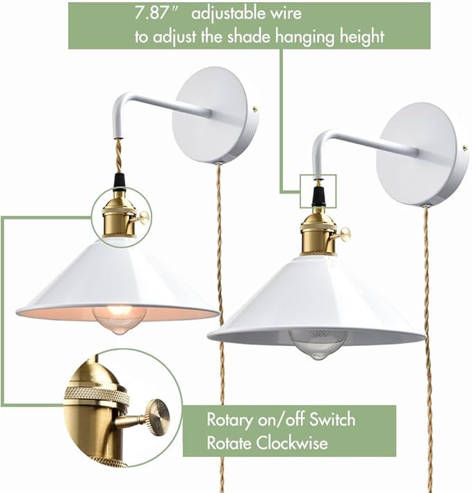 Plug-in Wall Lamp with Umbrella Shade, Bright White Wall Light Fixture Set of Two with On/Off Switch Nordic and Industrial Wall Sconces for Cabinet Bedroom bar
