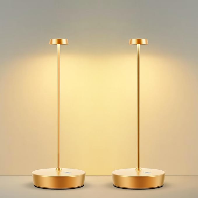 2Pack Cordless LED Table Lamp，Rechargeable Battery Desk Lamps, 3 Color Stepless Dimmable Metal Battery Table Lamps, Portable Table Light for Indoor/Outdoor/Restaurants/Bedroom/Bar