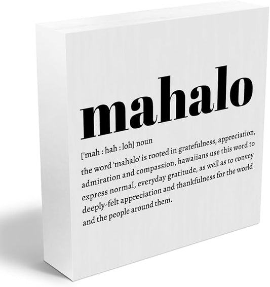 Mahalo Definition Hawaii Rustic Home Office Decor Wooden Box Sign, Inspirational Hawaiian Gifts for Christmas Thanksgiving North Island Decorative Office Desk Accessories Table Shelf Decor Plaque Sign