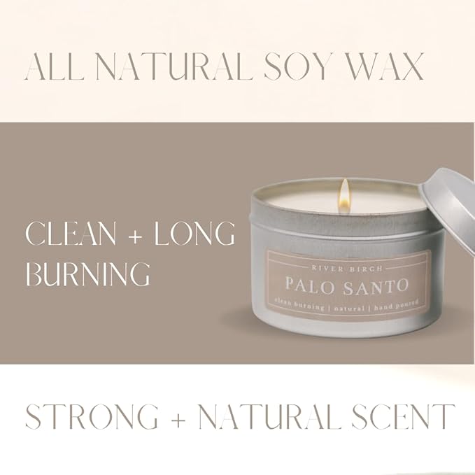River Birch Premium, All-Natural, Non-Toxic Soy Candles | Palo Santo Scented | 8 oz. Silver Tin Travel Candle | Cozy Relaxing Gifts for Home