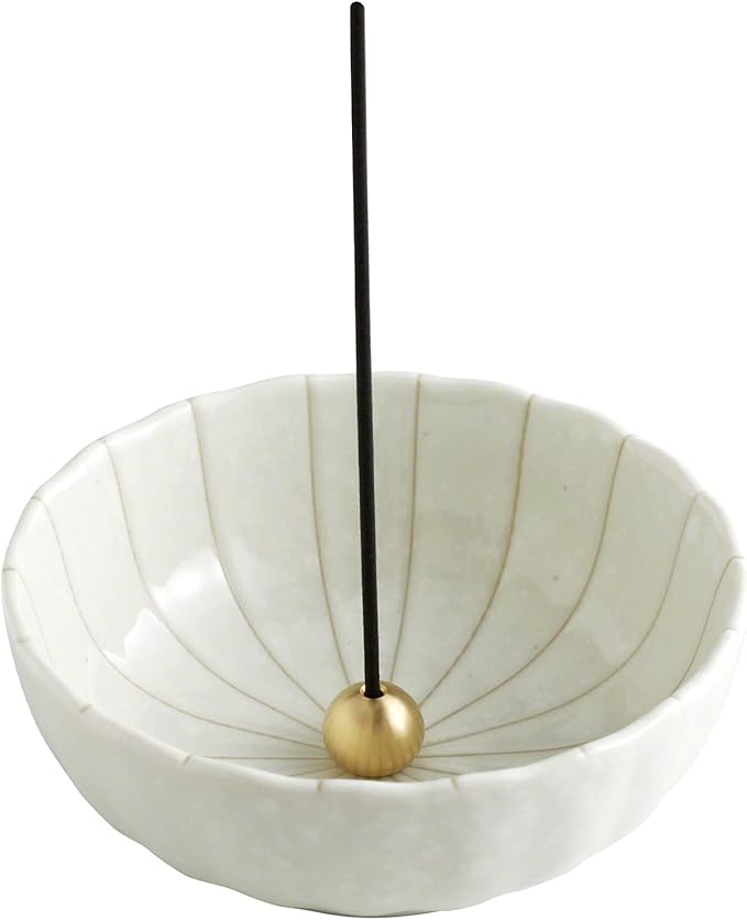 Asayu Japan White Lotus Incense Holder for Sticks 4.1 inch (105mm), Traditional Made in Japan Ceramic Ash Catcher and Brass Incense Burner Set, Japanese Incense Bowl