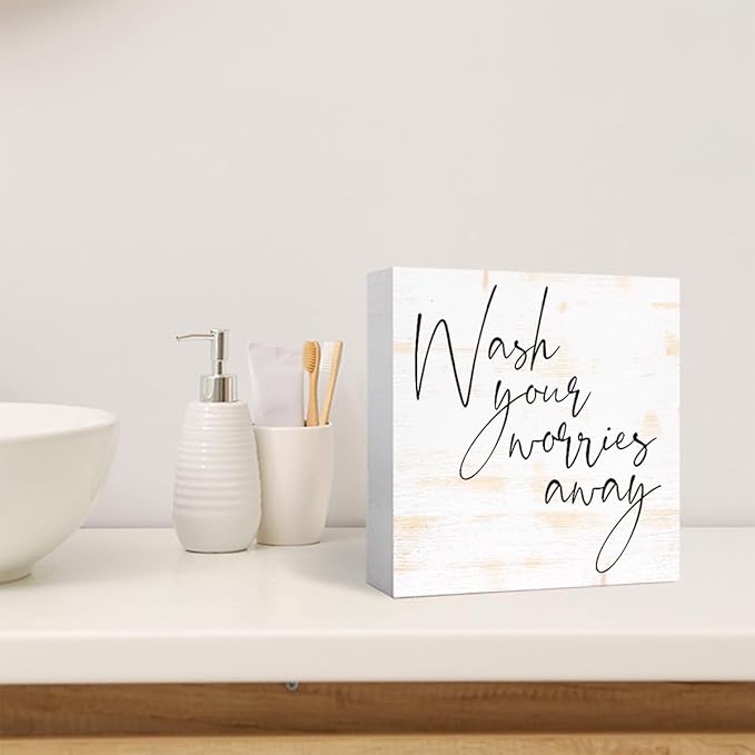 Funny Rustic Wood Sign - Wash Your Worries Away - Wood Block Sign for Shelf, Toilet, Restroom, Home, Tabletop, Desk Decor - Farmhouse Bathroom Wooden Box Sign
