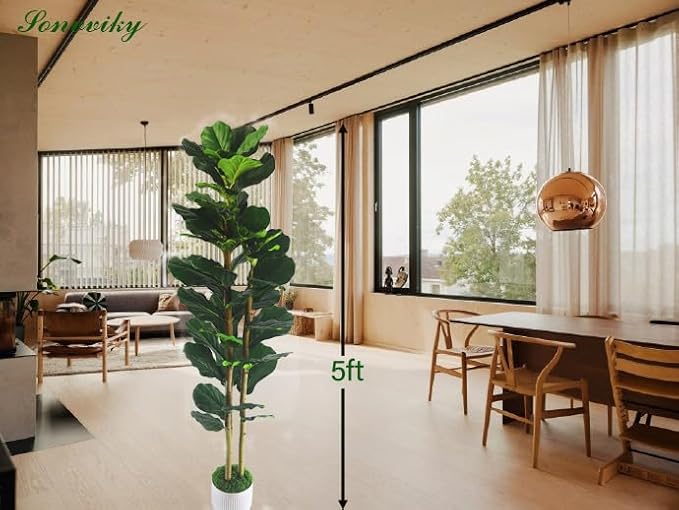 Artificial Fiddle Leaf Fig Tree 5ft, Faux Ficus Tree with Realistic Resin Trunk & Stable White Cement Planter, Fake Indoor Plant for Home Office Decor in Living Room Sonvviky