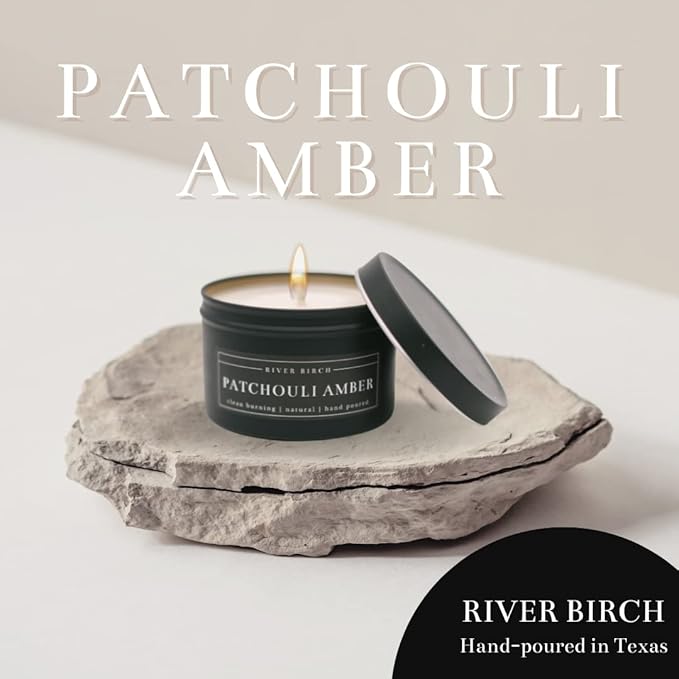 River Birch Candles Patchouli Amber Scented Candle | Premium, All-Natural, Non-Toxic, Soy Candles | 8 oz. Black Matte Tin Travel Candle | Cozy Relaxing Gifts for Home