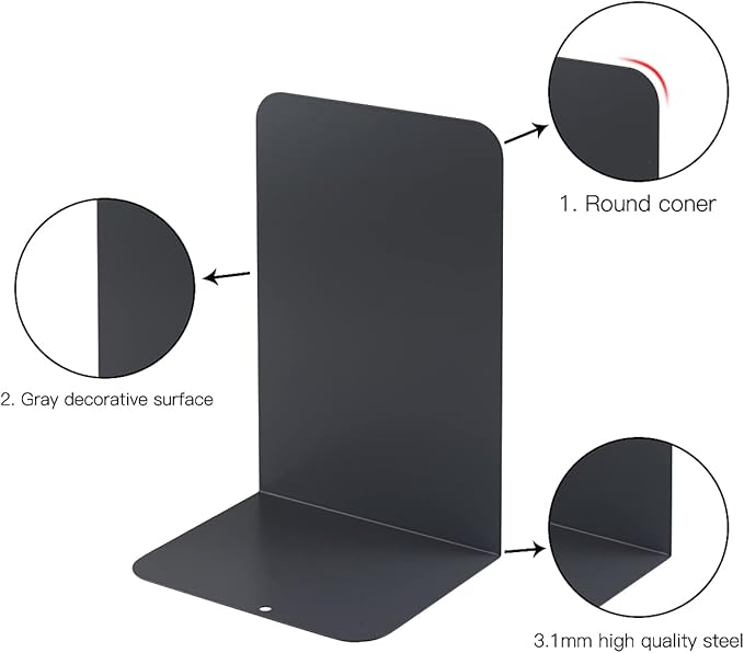 MSDADA Bookends, Book Ends for Book Shelves, Bookends for Office, Book Ends for Heavy Books,Metal Bookend Supports, Modern Minimalist Style Bookends, Black(2 pairs)