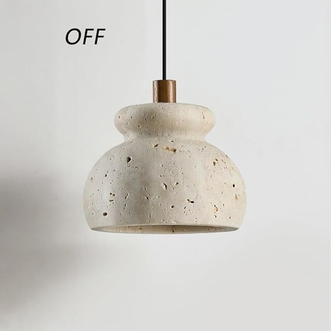 Modern Natural Travertine Stone Pendant Light Minimalist Solid Wood Pendant Lamp Adjustable Cord Hanging Lamp for Bedside Dining Kitchen Cafe Bar Decorative Fixture