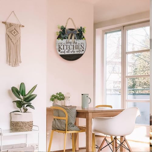 Wooden Bless This Kitchen And All Who Enter Sign 12inch, Rusitc Kitchen Hanging Wall Plaque, Farmhouse Wall Signs for Home Dining Living Room Decoration