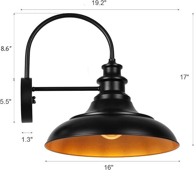 Dusk to Dawn Sensor Outdoor Barn Light Fixture, 16 Inch Dome Farmhouse Outdoor Wall Sconce, Exterior Wall Mount Light, Industrial Black Gold Wall Lantern for Porch, Garage, Shed,1 Pack