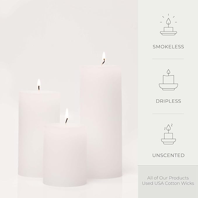 BASK Mottled Pillar Candles - Unscented White Pillar Candles Set of 3 - Dripless, Smokeless for All Occasions