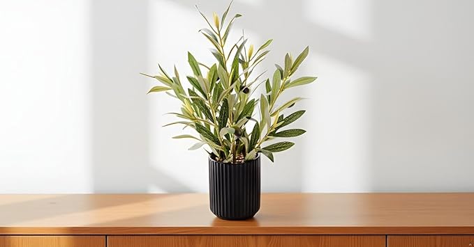 14 inch Artificial Olive Plant Indoor Fake Plants with Ceramic Black Pot Faux Silk Plant with Realistic Trunk Perfect for Home Office Table Decoration