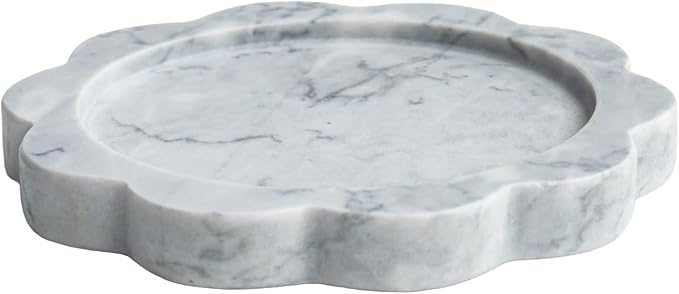 Natural Marble Candle Holder, Elegant Marble Scalloped Tray for Countertop, Solid Feel, Smooth Finish, Catchall for Jar Pillar Candles, Perfume, Key, Jewelry Dish, 6.3" Diameter