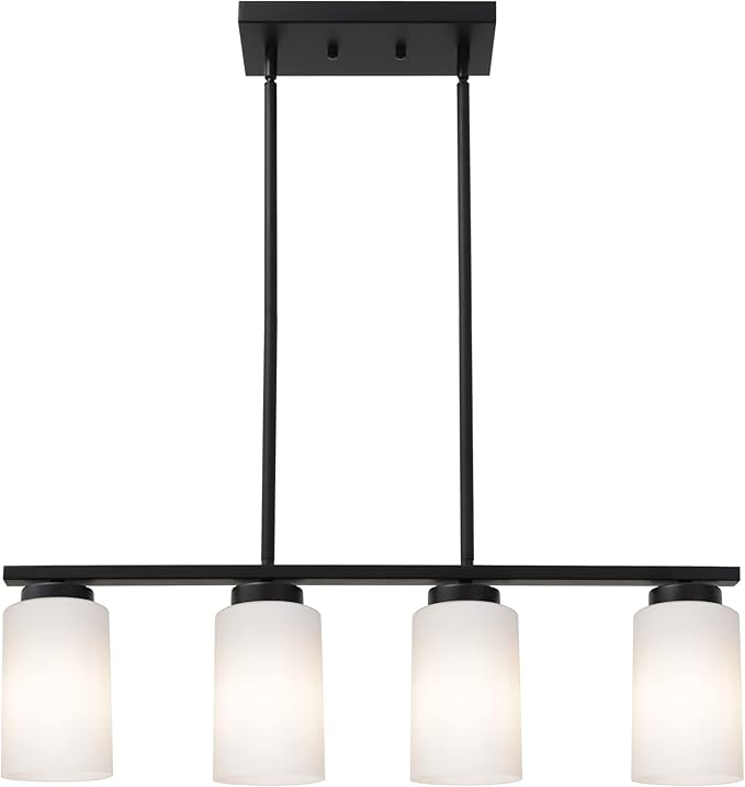 TODOLUZ Farmhouse Dining Room Pendant Light Fixtures in Black Finish, 4-Lights Island Lighting with Opal White Glass Shades for Kitchen