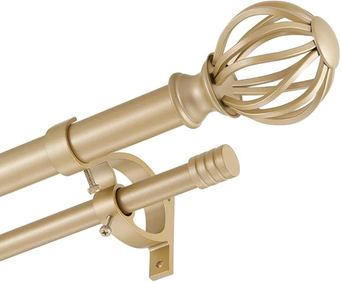 Light Gold Double Curtain Rods, 36-72 Inches, Round Finials, 1-Inch Front, 5/8-Inch Back, Telescoping