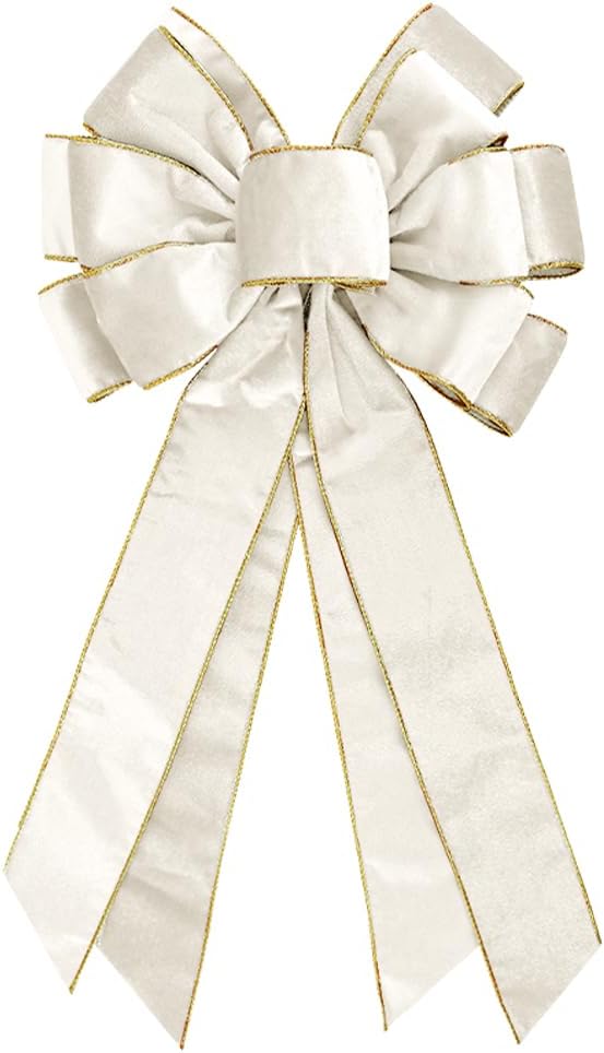 Large Christmas Bow for Wreath 20 * 11inch Vintage White Wreaths Bow Golden Edged White Velvet Tree Topper Ornament Decorative Bows for Xmas Home Outdoor Indoor Party