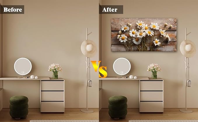 KZKU Rustic Daisy Canvas Wall Art-Large Farmhouse Floral Print- White Flowers on Weathered Wood Background- Modern Decor for Living Room Bedroom 24X48in
