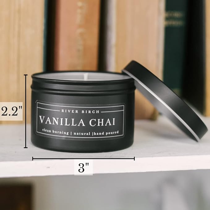 River Birch Candles Vanilla Chai Scented Candle | Premium, All-Natural, Non-Toxic, Soy Candles | 8 oz. Matte Black Tin Travel Candle | Cozy Relaxing Gifts for Home