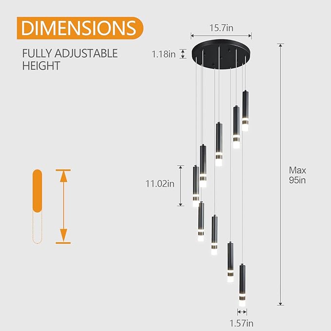 9-Light Modern Pendant Light Fixture Dimmable LED 54W Black Staircase Large Chandelier Lobby Living Room Bedroom Foyer High Ceiling Chandelier