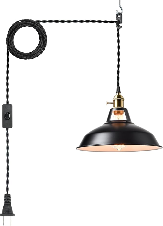 YUBOLE Industrial Hanging Lights with Plug in Cord, Black Barn Pendant Light with Switch for Kitchen Bedroom Bar Reataurant Cafe Loft