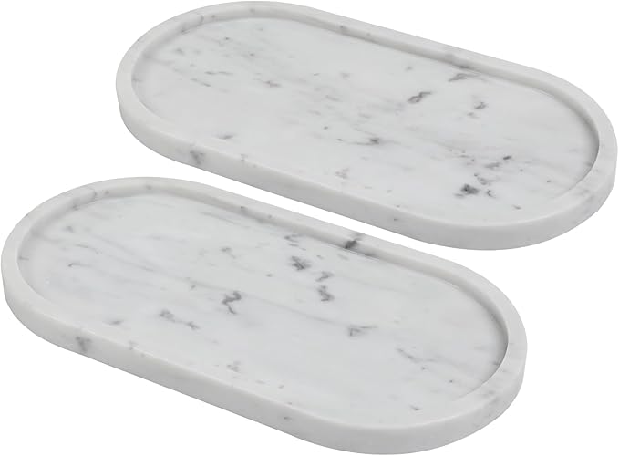 Carrara White Marble Tray, 2 Pcs, Marble Vcnity Tray, Bathroom, Decor for Trinket Perfume Jewelry Candle, 12 Inch Oval
