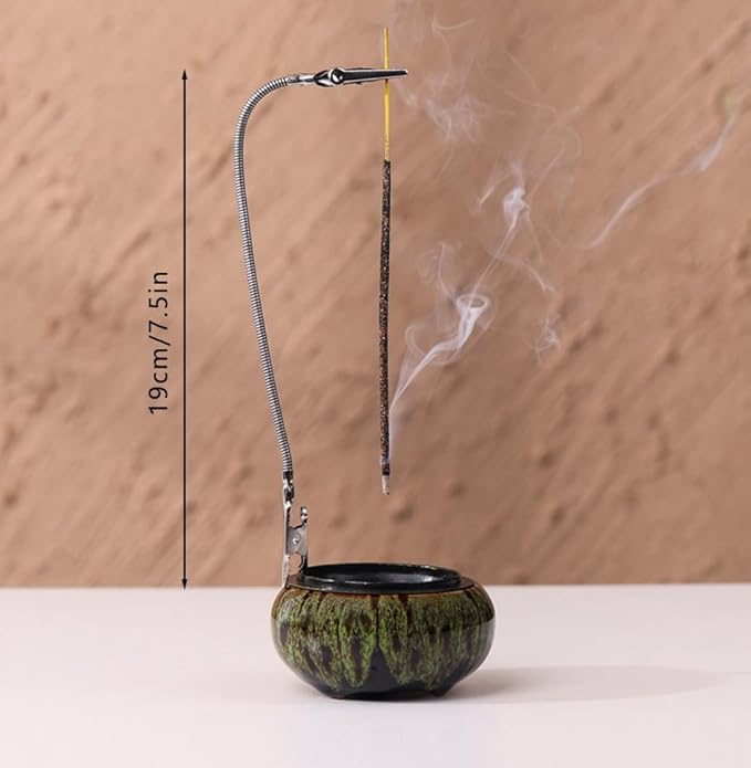 Incense Burner with Calabash Incense Stick Holder - Porcelain Charcoal Censer for Use with Resin Granular Powder Cone or Coil Incense (Kiln-Colored Green)
