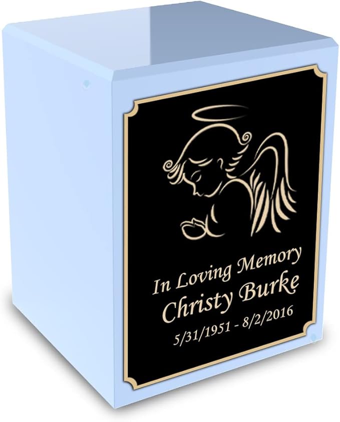 GetUrns Custom Angel Small Urn Box for Human Ashes I Personalized Wooden Keepsake Cremation Urn for Male or Female I Light Blue Memorial Box I 40lbs
