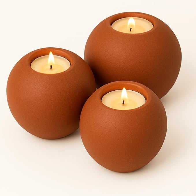 Concrete Sphere Tea Light Holder - Minimalist Centerpiece - Candle Holder - Modern Interior Design (Cinnabar Red, Set of 3 Sizes)