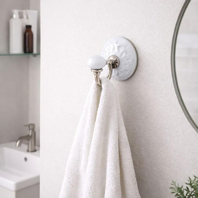 Decorative Ceramic Wall Hook, White Metal Mounting Hardware for Hanging Coat and Towels Set of 2