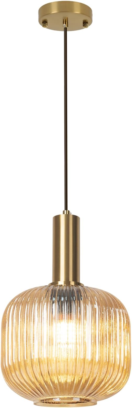 Amber Glass Pendant Light 8 inch, Mid Century Modern 1-Light Pendant Lighting for Kitchen Island Dining Room Bedroom Bar, Vintage Gold Adjustable Hanging Light Fixture Ceiling Mount