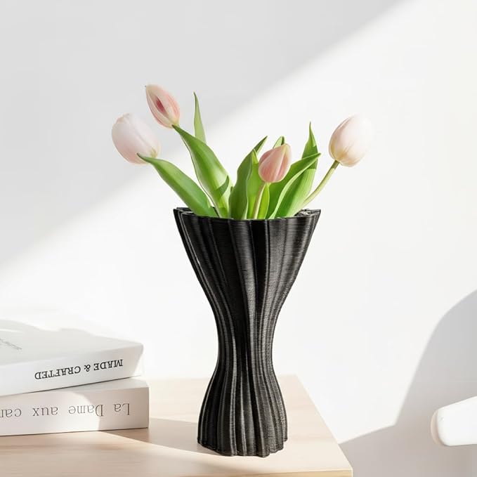 Minimalist Black Ceramic Vase, Irregular Organic Shape Decorative Flower Vase for Home Decor, Wabi-Sabi Modern Accent for Living Room Table Shelf