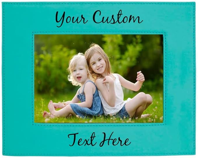 CustomGiftsNow Personalized Add Your Custom Text Engraved Leatherette Faux Leather Hanging/Tabletop Personalized Group Family Photo Picture Frame (Teal, 4x6-inch Horizontal)