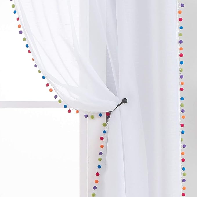 Treatmentex Sheer White Curtains with Multi-Color Pom-Pom Sheer Curtains for Toddler 84" Long Linen Textured Decorative Nursery Room Window Drapes 52" w 1Pair