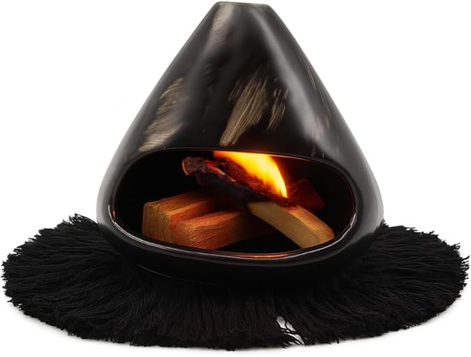 Ceramic Palo Santo Holder Burner,Incense Cone Holder,Mini Chiminea for Palo Santo Sticks and Sage Burner,with Handmade Heat Insulated Mat,Dust Brush,Metal Tweezer. (Black with Stripes)