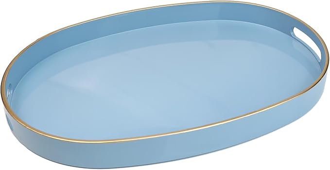 Spsyrine Blue Plastic Serving Tray for Ottoman, Coffee Table, Oval Decorative Tray for Entertaining, Outdoor, Living Room, Home Decor