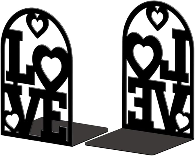 Peacoblue Metal Bookends for Shelves, Modern Decorative Heavy Duty Study Book Support Stoppers for Office, Desk, Shelf, Room 5.3"x4.3"x7.9" Cast Iron Simple Tall Bookends, 1 Pair (Love Heart)